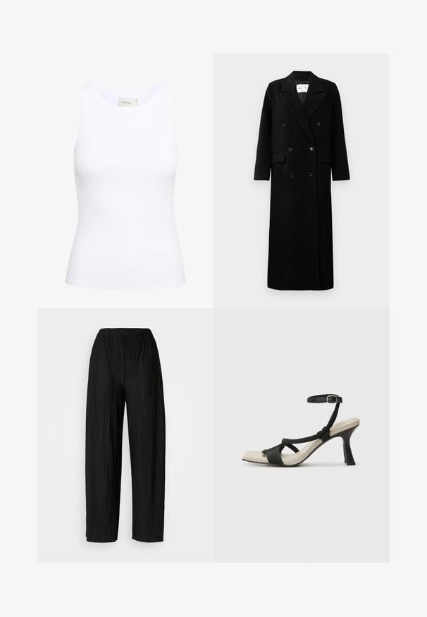 Fekete gyapjú kabát dupla melles dizájnnal, nagy, kifogott hajtókákkal, elülső zsebekkel és hat azonos gombbal. Hosszú, egyenes szabású.; Fehér bordázott ujjatlan topp kör alakú nyakkivágással. Rugalmas anyagból készült, testhezálló design. A hátsó címke a következőt írja: "GESTUZ."; Fekete, pliszírozott, bőszárú nadrág rugalmas derékkal. Az anyag függőleges pliszékkel és sima textúrával rendelkezik.; Fekete sarkú szandál fonott pánttal, négyzet alakú orral és állítható bokapánttal. Világos bézs talpbetét fényes fekete sarkával.