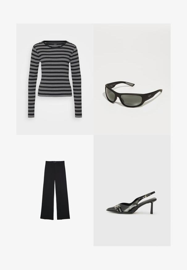 Černý vlněný kabát s dvouřadým zapínáním, velkými klopami, předními kapsami a šesti odpovídajícími knoflíky. Dlouhý, rovný střih.; Černé tričko s dlouhými rukávy, bílé horizontální pruhy, jemná struktura a kulatý výstřih. Přiléhavý střih s rovním lemem.; Černé široké kalhoty vyrobené z hladké tkaniny. Disponují klasickým střihem, předními kapsami a pasem s knoflíkovým zapínáním.; Černá lakovaná slingback obuv s špičatou špičkou, kotníkovými pásky s kovovými sponami a příslušenstvím, a štíhlým podpatkem.; Černé sluneční brýle s matným povrchem, šedými tónovanými skly, širokým rámem a diskrétním brandingem na straně. Aerodynamický design s elegantními raménky.; Černá tkaná kožená kabelka s zaoblenými uchy a odnímatelnou menší taštičkou. Má texturovaný povrch a strukturovaný tvar.