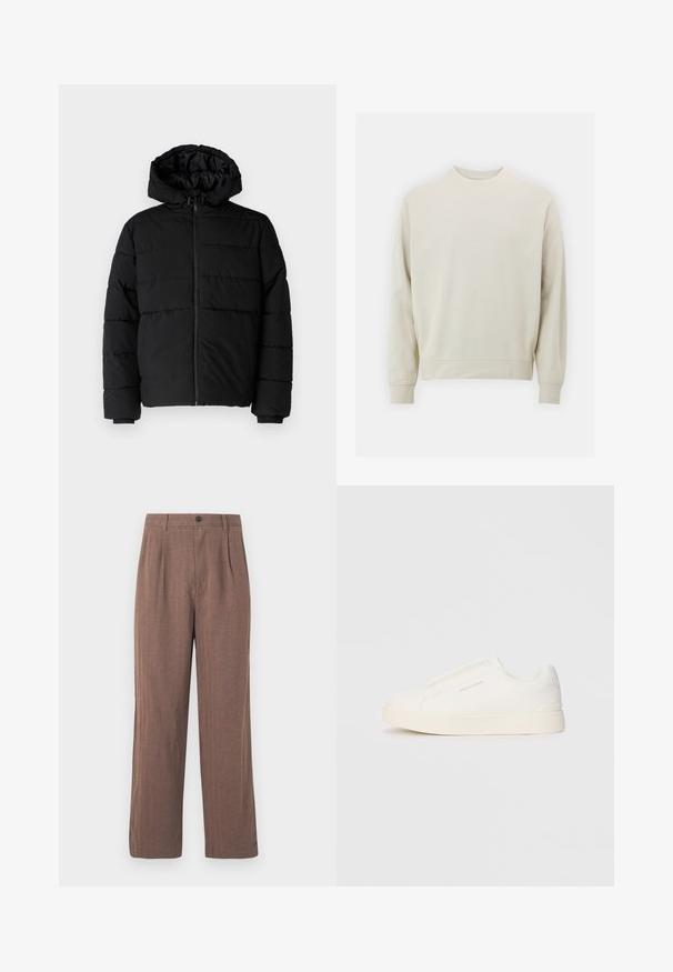 Čierna puff jacket s predným zipsom, kapucňou a horizontálnym prešívaním. Vyrobená z hladkej, odolnej tkaniny s rebrovanými manžetami.; Svetlo béžová mikina vyrobená z mäkkej tkaniny s okrúhlym výstrihom, dlhými rukávmi a pruhovanými manžetami a lemom. Minimalistický dizajn, bez viditeľných vzorov.; Hnedé nohavice s širokými nohavicami vyrobené z textúrovanej tkaniny, s plisovaním a zapínaním na gombík v páse. Strih na mieru s čistými líniami.; Biele slip-on tenisky s textúrovaným povrchom, hrubou podrážkou a minimalistickým dizajnom. Obsahuje logo značky na boku.