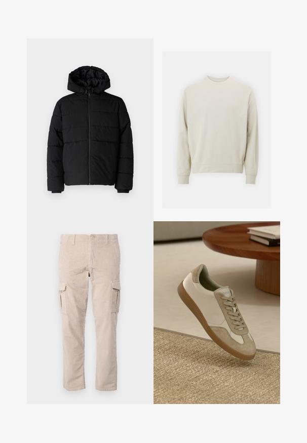 Melna pūkainā jaka ar rāvējslēdzēju priekšā, kapuci un horizontālu quiltēšanas dizainu. Izgatavota no gludas, izturīgas auduma ar ribotām piedurknēm.; Gaišs bežs džemperis, kas izgatavots no mīkstas auduma, ar noapaļotu kakla izgriezumu, garām piedurknēm un ribotām aprocēm un apakšmalu. Minimālistisks dizains, bez redzamām rakstām.; Beidzējo krāsas korduroja kargo bikses ar taisnu piegriezumu, ar sānu kabatām un teksturētu apdari. Pogcas slēgšana jostasvietā.; Vieglie sporta apavi ar baltu ādas virsu, beige zamša akcentiem, apaļu pirkstu un strukturētu brūnu gumijas zoli.