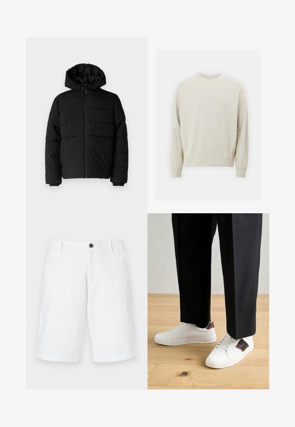 Črna puhovka z zadrgo spredaj, kapuco in vodoravno šivano obliko. Narejena je iz gladkega, trpežnega materiala z rebrastimi manšetami.; Svetlo bež sweatshirt iz mehkega blaga s krožnim izrezom, dolgimi rokavi ter rebrastimi manšetami in robom. Minimalističen dizajn, brez vidnih vzorcev.; Bela lanena kratka hlače z ohlapnim krojem, z enim gumbom za zapiranje, zanko za pas in stranskimi žepi. Gladka tekstura in ravna obroba.; Beli športni copati z gladko teksturo, okrašeni z rjavimi usnjenimi detajli in črnimi poudarki, v kombinaciji s črnimi krojenimi hlačami. Ozadje iz lesenih tal.