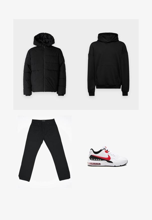 Czarna kurtka puchowa z zamkiem z przodu, kapturem i poziomym pikowaniem. Wykonana z gładkiego, trwałego materiału z prążkowanymi mankietami.; Czarna bluza z kapturem wykonana z mieszanki bawełny, z dużą kieszenią z przodu, ściągaczami przy mankietach oraz kapturem na sznurku. Prosty, nieozdobiony design.; Czarne dżinsy z prostymi nogawkami, o średnim stanie, z pięcioma kieszeniami i subtelnymi detalami w szyciu.; Białe buty sportowe z czarnymi i czerwonymi akcentami, z gładką skórzaną cholewką, sznurowanym przodem i widoczną poduszką powietrzną w podeszwie.