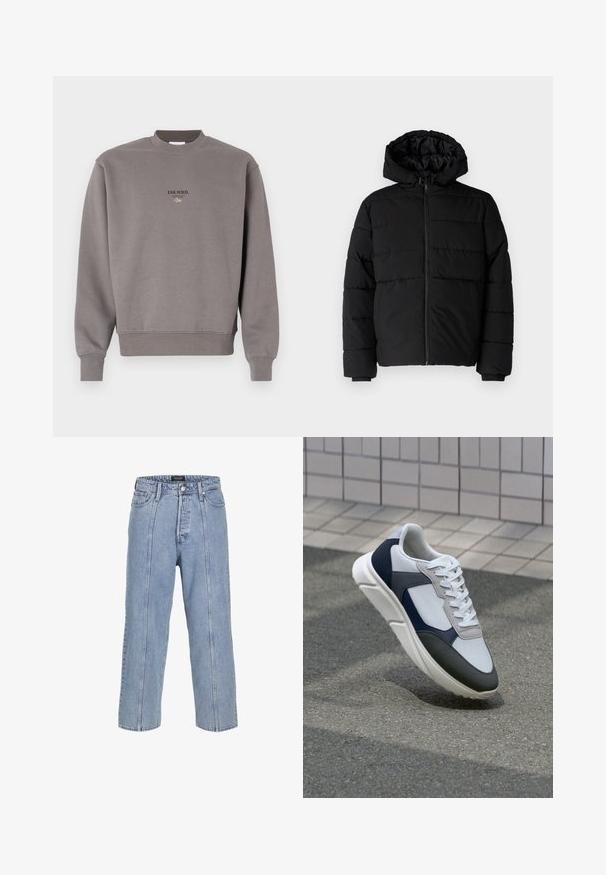 Giacca a vento nera con zip frontale, cappuccio e design a righe orizzontali. Realizzata in un tessuto liscio e resistente con polsini a coste.; Felpa grigia in cotone con colletto e polsini a coste, con la scritta "ESS.WRD." stampata in scuro sul davanti.; Jeans in denim blu chiaro con una vestibilità ampia, gambe larghe e dettagli di cucitura visibili. Presenta una chiusura con bottone e zip, cinque tasche.; Sneaker bianca, blu navy e grigia con un design a materiali misti, caratterizzata da una tomaia testurizzata, lacci piatti e una suola imbottita.