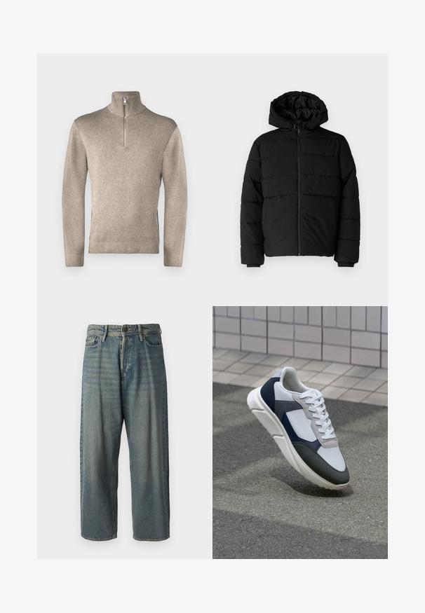 Crni puffer kaput s patentnim zatvaračem sprijeda, kapuljačom i horizontalnim šavovima. Izrađen od glatkog, izdržljivog materijala s rebrastim manžetama.; Jack & Jones PREMIUM JPRBLAMILANO HALF ZIP - Vesta - greige; Svijetloplave traperice s širokim krojem, srednjim pojasom i ravnim nogavicama. Ima pet džepova, petlje za remen i kopčanje na gumb.; Bijela, mornarsko plava i siva tenisica s dizajnom od miješanih materijala, koja ima teksturirani gornji dio, ravne vezice i udoban đon.