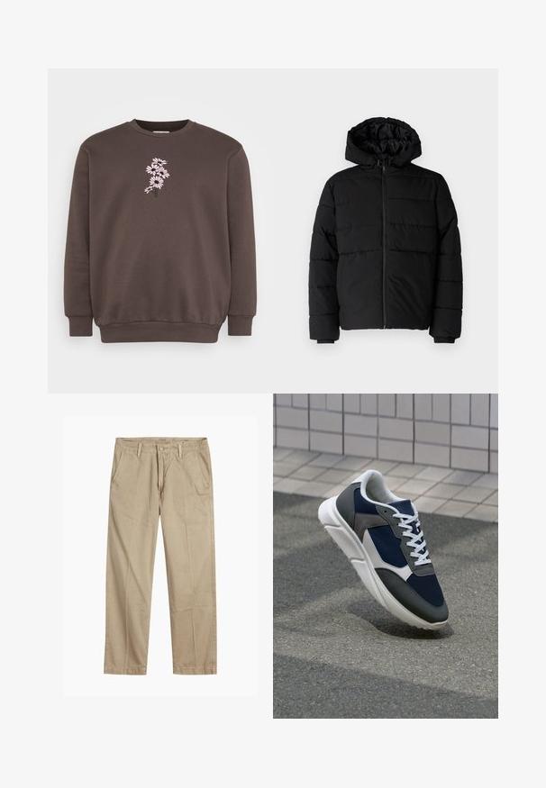 Schwarze Daunenjacke mit Reißverschluss vorne, Kapuze und horizontalem Steppmuster. Hergestellt aus einem glatten, strapazierfähigen Stoff mit gerippten Manschetten.; Brauner Pullover mit Rundhalsausschnitt und langen Ärmeln. Mit einem pinken Blumenstickdesign auf der Vorderseite, strukturiertem Stoff und gerippten Bündchen.; Beige gerade geschnittene Chinos mit Gürtelschlaufen, vorderem Knopf- und Reißverschlussverschluss sowie schrägen Fronttaschen.; Sneaker mit einem Obermaterial aus navyblauem Mesh, grauen Wildlederelementen, einer weißen Gummisohle und flachen weißen Schnürsenkeln, entworfen für Komfort und Atmungsaktivität.