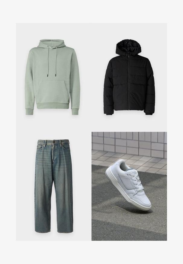 Juodas pūkinis švarkas su užtrauktuku priekyje, gaubtu ir horizontaliai siuvinėtu dizainu. Pagamintas iš lygaus, tvirto audinio su raukiniais ant rankovių.; Jack & Jones JJEBRADLEY HOOD - Sportinis megztinis - iceberg green; Šviesiai mėlyni džinsai su laisvu siluetu, vidutinio aukščio juosmeniu ir tiesiomis kojomis. Su penkiais kišenėmis, diržo kilpo ir mygtukų uždarymu.; Baltos odinės sportinės bateliai su perforuotais šonais, tekstūruotais akcentais, plokščiomis raištelėmis ir kontrastingu pilku kulnu. Yra šiek tiek pakelti padas.