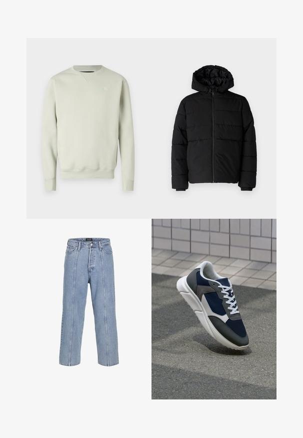 Černá péřová bunda s předním zipem, kapucí a vodorovným prošíváním. Vyrobena z hladké a odolné látky s žebrovanými manžetami.; Světlezelená mikina s kulatým výstřihem vyrobená z měkké tkaniny, s žebrovanými manžetami a spodním lemem, a malým logem na levé hrudi.; Světle modré džíny z denimu s volným střihem, širokými nohavicemi a viditelnými švy. Obsahují zapínání na knoflík a zip, pět kapes.; Tenisky s horní částí z námornicky modré síťoviny, šedými semišovými akcenty, bílou gumovou podrážkou a plochými bílými tkaničkami, navržené pro pohodlí a prodyšnost.
