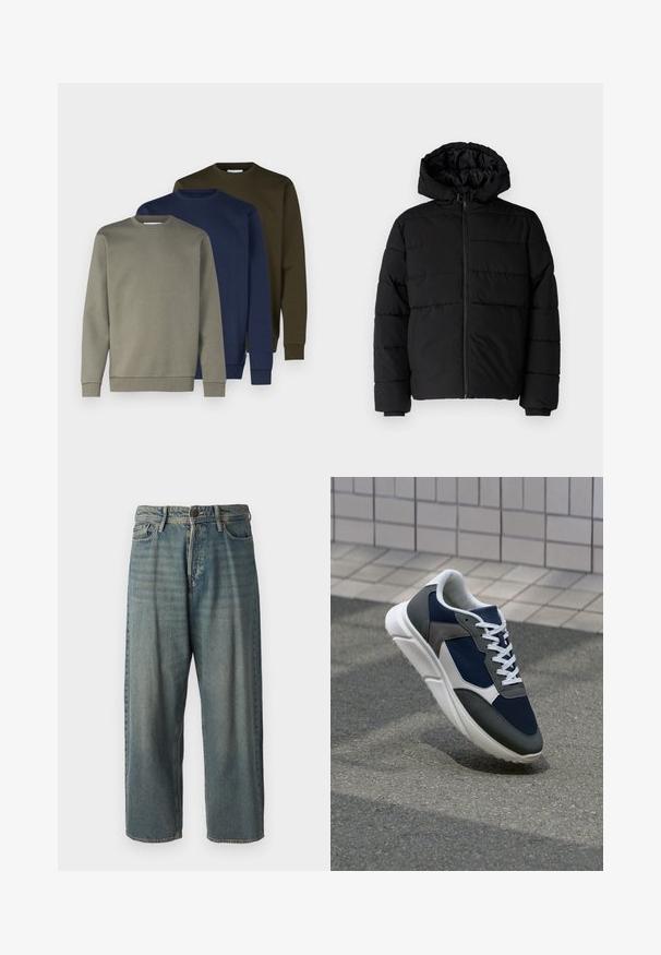 Casaco puffer preto com fecho de correr, capuz e design acolchoado horizontal. Feito de um tecido liso e durável com punhos canelados.; Três sweatshirts de gola redonda em verde-azeitona, azul-marinho e cinza-claro. Material em algodão com punhos e barra canelados. Textura suave, design simples.; Jeans de ganga azul claro com um corte solto, cintura média e pernas retas. Apresenta cinco bolsos, passadores de cinto e fecho com botão.; Sapatilha com parte superior em malha azul-marinho, detalhes em camurça cinza, sola de borracha branca e atacadores brancos planos, projetada para conforto e respirabilidade.