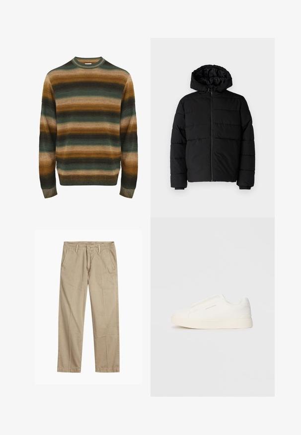 Schwarze Daunenjacke mit Reißverschluss vorne, Kapuze und horizontalem Steppmuster. Hergestellt aus einem glatten, strapazierfähigen Stoff mit gerippten Manschetten.; Gestreifter Pullover in Grautönen, Braun und Beige. Verfügt über eine gerippte Struktur, Rundhalsausschnitt und lange Ärmel mit einem enganliegenden Saum.; Beige gerade geschnittene Chinos mit Gürtelschlaufen, vorderem Knopf- und Reißverschlussverschluss sowie schrägen Fronttaschen.; Weiße Slip-On-Sneaker mit einer strukturierten Oberfläche, dicker Sohle und minimalistischem Design. Mit Logo der Marke an der Seite.