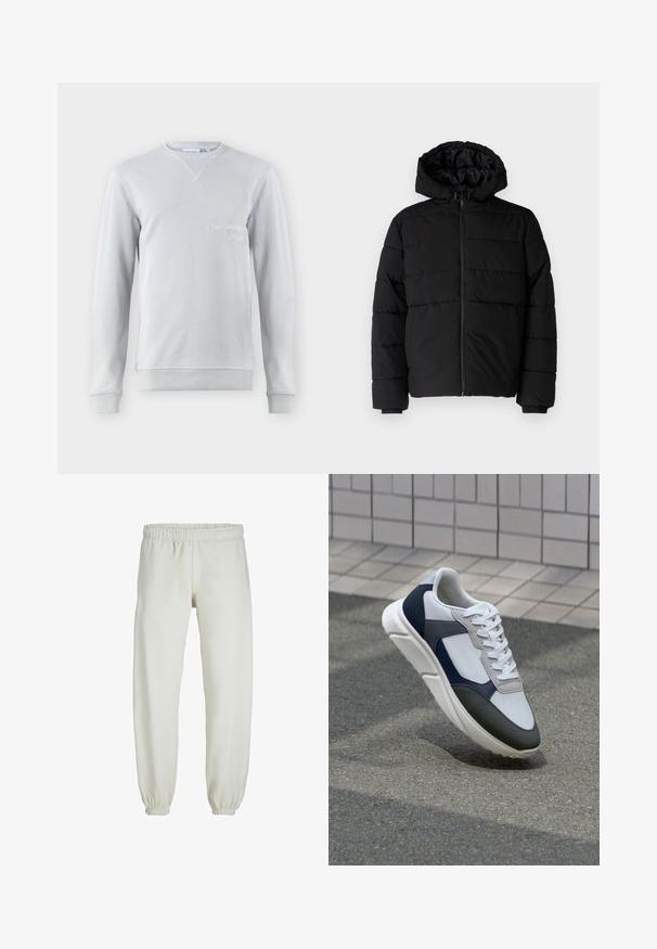 Schwarze Daunenjacke mit Reißverschluss vorne, Kapuze und horizontalem Steppmuster. Hergestellt aus einem glatten, strapazierfähigen Stoff mit gerippten Manschetten.; Hellgrauer Sweatshirt, Baumwollmischung, Rundhalsausschnitt, gerippte Details an Kragen und Bündchen, mit gesticktem Text "SAN BERNARD CALIF." auf der Vorderseite.; Weiße Jogginghose aus weichem Stoff, mit elastischem Bund und Säumen, einer glatten Textur und lockerem Schnitt.; Weißer, marineblauer und grauer Sneaker mit einem Materialmix-Design, das ein strukturiertes Obermaterial, flache Schnürsenkel und eine gepolsterte Sohle aufweist.