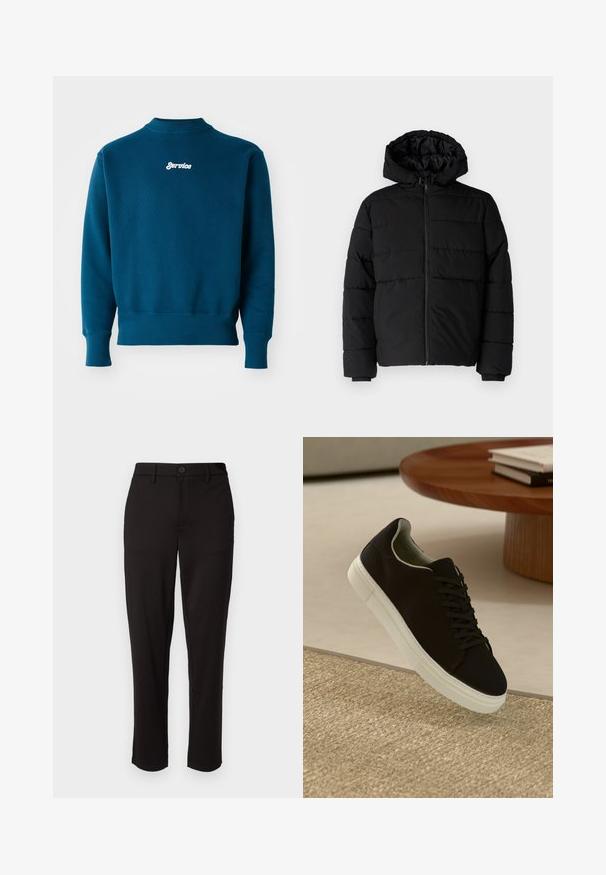 Black puffer jacket featuring a zip front, a hood, and horizontal quilted design. Made of a smooth, durable fabric with ribbed cuffs.; Teal sweatshirt with ribbed cuffs and hem, featuring a white embroidered "Service" logo on the upper back. Soft texture and crew neck design.; Black trousers made of lightweight fabric, featuring a straight leg, front button closure, belt loops, and side pockets.; Black sneaker with white sole floating above beige textured rug near round wooden table with stacked books.