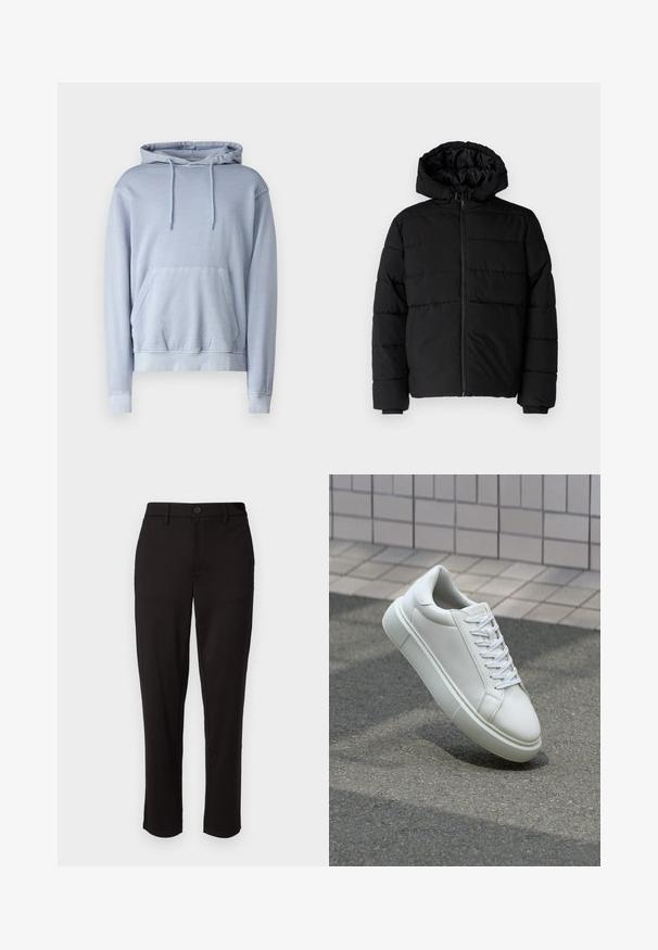 Black puffer jacket featuring a zip front, a hood, and horizontal quilted design. Made of a smooth, durable fabric with ribbed cuffs.; Light blue hoodie made of soft fabric with a front pocket, drawstring hood, and ribbed cuffs and hem. Smooth, basic design with no patterns.; Black trousers made of lightweight fabric, featuring a straight leg, front button closure, belt loops, and side pockets.; White leather sneaker with a smooth surface, round toe, and flat white laces. Features a textured rubber sole and minimal design elements.