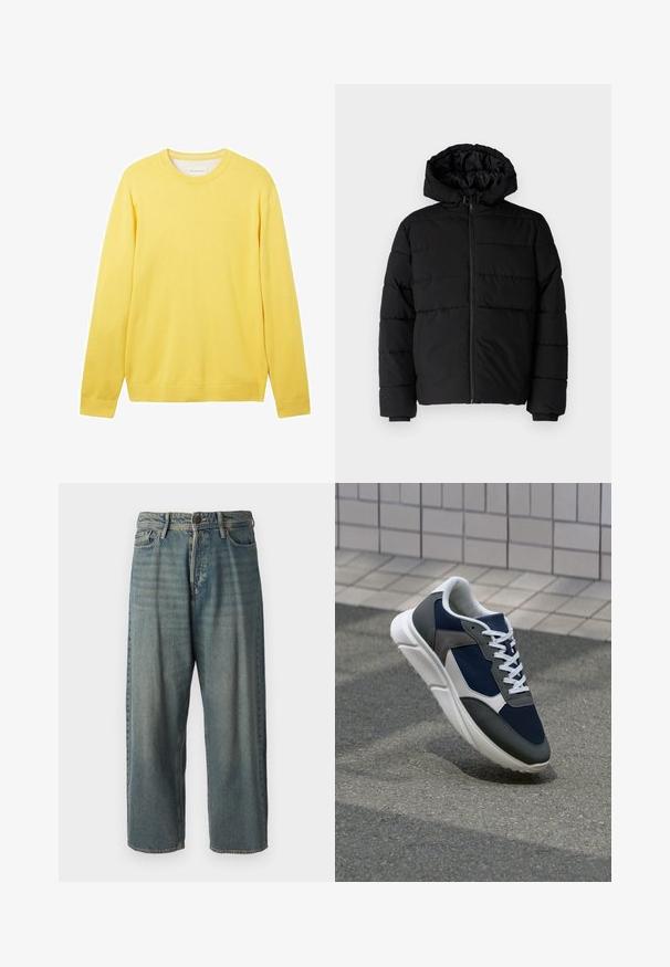 Schwarze Daunenjacke mit Reißverschluss vorne, Kapuze und horizontalem Steppmuster. Hergestellt aus einem glatten, strapazierfähigen Stoff mit gerippten Manschetten.; Gelber langärmeliger Pullover aus einem glatten, leichten Stoff. Besitzt einen Rundhalsausschnitt, gerippte Bündchen und ein dezentes Logo auf der Vorderseite.; Helle blaue Denim-Jeans mit lockerer Passform, mittelhoher Taille und geraden Beinen. Hat fünf Taschen, Gürtelschlaufen und einen Knopfverschluss.; Sneaker mit einem Obermaterial aus navyblauem Mesh, grauen Wildlederelementen, einer weißen Gummisohle und flachen weißen Schnürsenkeln, entworfen für Komfort und Atmungsaktivität.