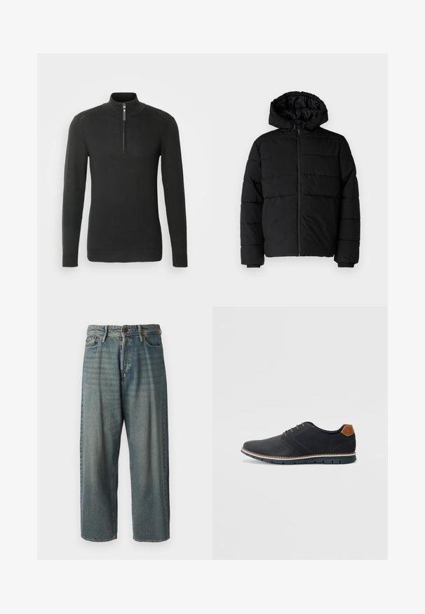 Doudoune noire avec fermeture éclair à l'avant, capuche et design matelassé horizontal. Fabriquée dans un tissu lisse et durable avec des poignets côtelés.; Pull-over noir en tricot à demi-fermeture éclair, avec des manches longues, un col et des poignets côtelés. Design simple avec une texture minimale et sans motifs.; Jeans en denim bleu clair avec une coupe ample, taille mi-haute et jambes droites. Comprend cinq poches, des passants de ceinture et une fermeture à bouton.; Chaussures synthétiques noires avec un dessus texturé, accents lisses, talon marron et semelle contrastante. Présente un laçage minimal et des détails de couture.