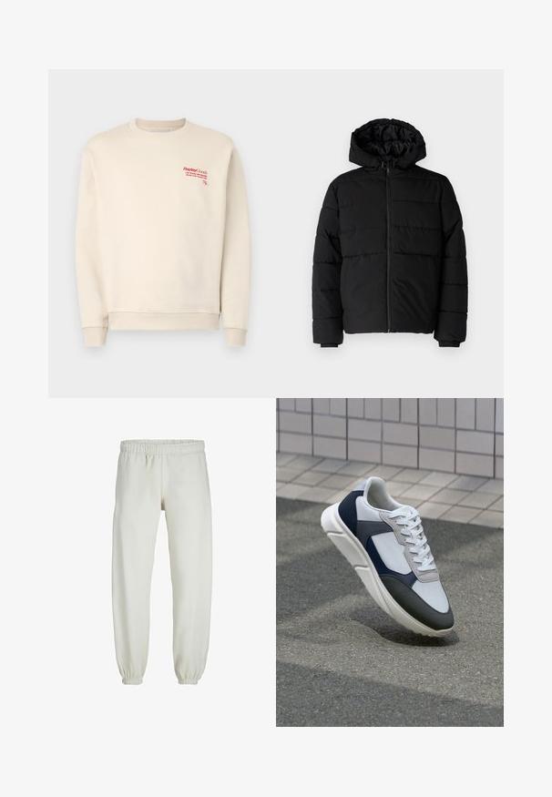Giacca a vento nera con zip frontale, cappuccio e design a righe orizzontali. Realizzata in un tessuto liscio e resistente con polsini a coste.; Felpa crema realizzata in morbido tessuto, con polsini e orlo ribattuti. Testo del logo rosso sul lato superiore sinistro, con una trama generale liscia.; Pantaloni tuta bianchi realizzati in tessuto morbido, dotati di vita e polsini elastici, con una texture liscia e una vestibilità ampia.; Sneaker bianca, blu navy e grigia con un design a materiali misti, caratterizzata da una tomaia testurizzata, lacci piatti e una suola imbottita.