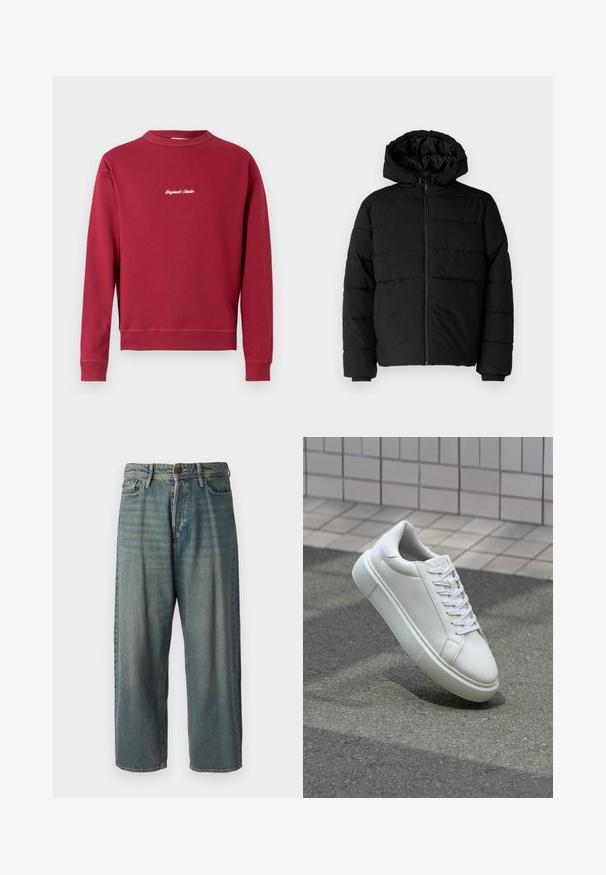 Casaco puffer preto com fecho de correr, capuz e design acolchoado horizontal. Feito de um tecido liso e durável com punhos canelados.; Sweatshirt bordô feito de uma mistura de algodão, com gola redonda, punhos e bainha canelados. Apresenta o texto bordado em branco "Original Studio" na frente.; Jeans de ganga azul claro com um corte solto, cintura média e pernas retas. Apresenta cinco bolsos, passadores de cinto e fecho com botão.; Tênis de couro branco com superfície lisa, bico redondo e cadarços brancos planos. Apresenta uma sola de borracha texturizada e elementos de design minimalistas.