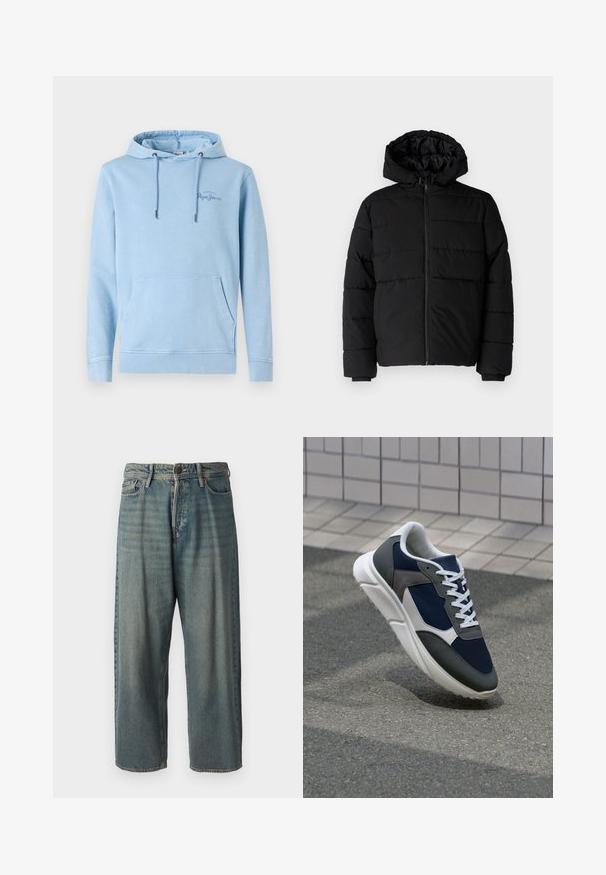 Casaco puffer preto com fecho de correr, capuz e design acolchoado horizontal. Feito de um tecido liso e durável com punhos canelados.; Sweatshirt azul claro com um bolso frontal, cordões ajustáveis e detalhe de logotipo discreto. Feito de tecido macio com um corte descontraído.; Jeans de ganga azul claro com um corte solto, cintura média e pernas retas. Apresenta cinco bolsos, passadores de cinto e fecho com botão.; Sapatilha com parte superior em malha azul-marinho, detalhes em camurça cinza, sola de borracha branca e atacadores brancos planos, projetada para conforto e respirabilidade.