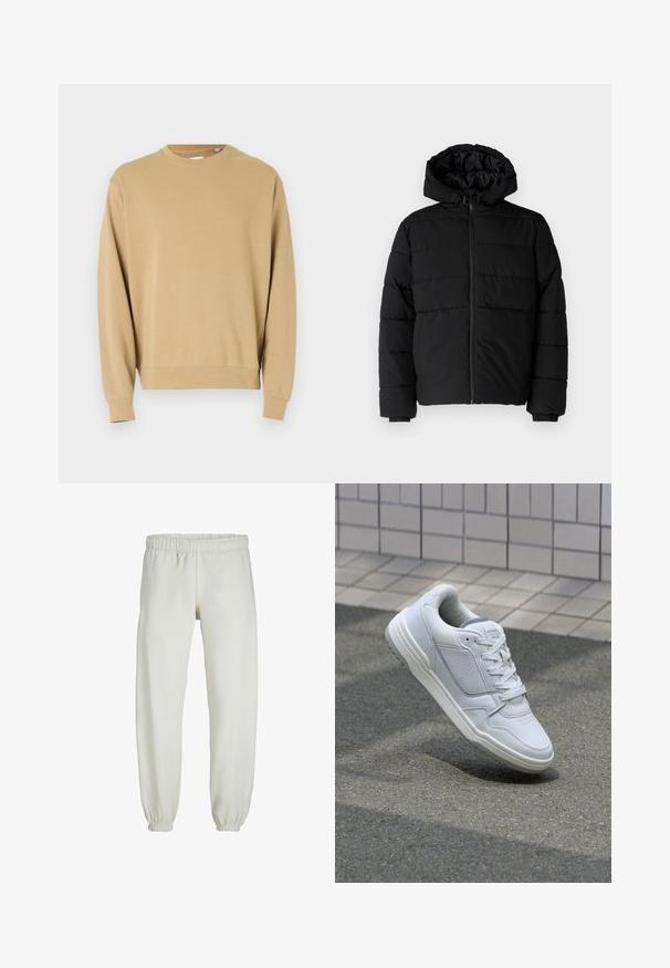 Czarna kurtka puchowa z zamkiem z przodu, kapturem i poziomym pikowaniem. Wykonana z gładkiego, trwałego materiału z prążkowanymi mankietami.; Beżowa bluza z długimi rękawami i okrągłym dekoltem. Wykonana z bawełny, z gładką fakturą i ściągaczami przy rękawach oraz na dole.; Białe dresy wykonane z miękkiego materiału, z elastycznym pasem i mankietami, o gładkiej fakturze i luźnym kroju.; Białe skórzane trampki z perforowanymi bokami, teksturowanymi akcentami, płaskimi sznurowadłami i kontrastującym szarym obcasem. Posiadają lekko podniesioną podeszwę.