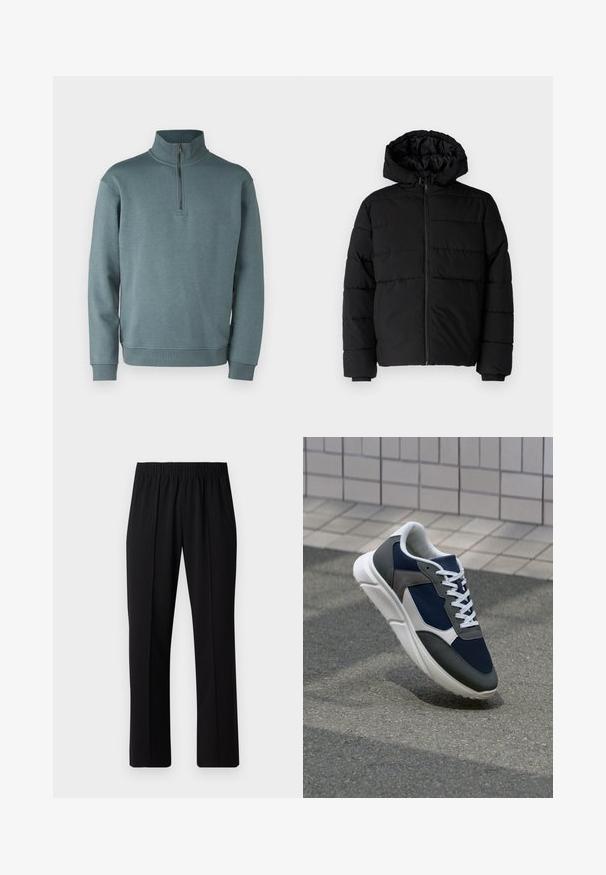 Black puffer jacket featuring a zip front, a hood, and horizontal quilted design. Made of a smooth, durable fabric with ribbed cuffs.; Jack & Jones JJEBRADLEY HALF ZIP - Sweatshirt - goblin blue; Black, elastic-waist trousers with a straight-leg design, featuring a smooth texture and no visible patterns or hardware.; Sneaker featuring a navy blue mesh upper, gray suede accents, white rubber sole, and flat white laces, designed for comfort and breathability.