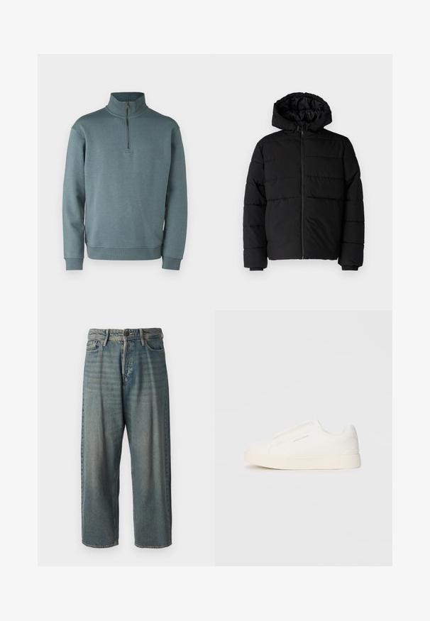 Black puffer jacket featuring a zip front, a hood, and horizontal quilted design. Made of a smooth, durable fabric with ribbed cuffs.; Jack & Jones JJEBRADLEY HALF ZIP - Sweatshirt - goblin blue; Light blue denim jeans with a loose fit, mid-rise waist, and straight legs. Features five pockets, belt loops, and a button closure.; White slip-on sneakers with a textured surface, a thick sole, and minimalistic design. Features brand logo on the side.