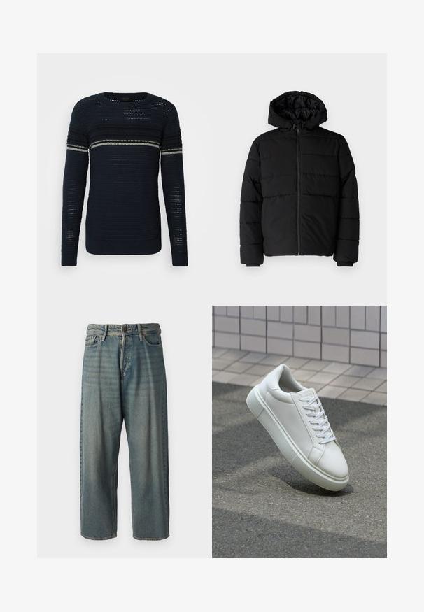 Doudoune noire avec fermeture éclair à l'avant, capuche et design matelassé horizontal. Fabriquée dans un tissu lisse et durable avec des poignets côtelés.; Pull en tricot navy à col rond, avec des rayures horizontales dans des teintes plus claires et un motif texturé sur toute la surface. Manches longues.; Jeans en denim bleu clair avec une coupe ample, taille mi-haute et jambes droites. Comprend cinq poches, des passants de ceinture et une fermeture à bouton.; Baskets en cuir blanc avec une surface lisse, bout rond et lacets plats blancs. Présentent une semelle en caoutchouc texturée et des éléments de design minimalistes.