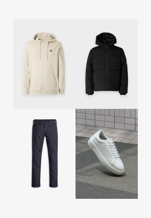 Juodas pūkinis švarkas su užtrauktuku priekyje, gaubtu ir horizontaliai siuvinėtu dizainu. Pagamintas iš lygaus, tvirto audinio su raukiniais ant rankovių.; Šviesiai smėlinis gobtuvu džemperis, pagamintas iš minkštos medžiagos, su priekinėmis kengūros kišenėmis, reguliuojamais raišteliais ir maža geltona siuvinėta emblemė.; Tamsiai mėlynos džinsinės kelnės su tiesiomis kojomis, pagamintos iš lygaus medvilninio audinio. Yra penki kišenės ir sagčių uždarymas.; Balti odiniai sportbačiai su lygiu paviršiumi, apvalia nosimi ir plokščiomis baltomis raištelėmis. Yra tekstūruotas gumos padas ir minimalizmas dizaino elementuose.