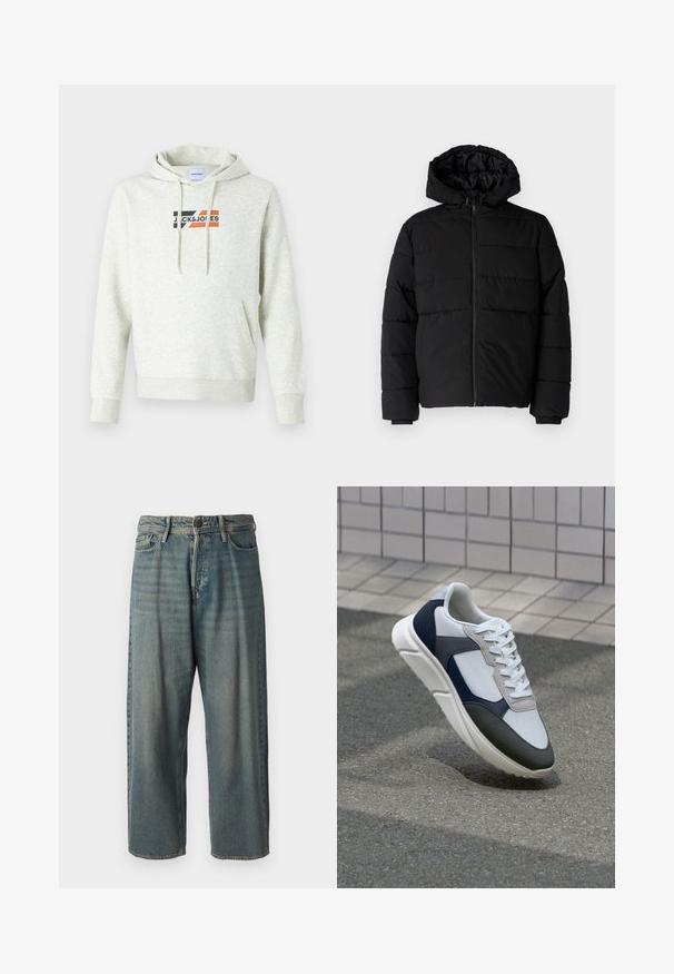 Crni puffer kaput s patentnim zatvaračem sprijeda, kapuljačom i horizontalnim šavovima. Izrađen od glatkog, izdržljivog materijala s rebrastim manžetama.; Svijetlosiva dukserica s prednjim džepom, kapuljačom na šnural, i otisnutim logotipom "JACK & JONES" s crnim, narančastim i crvenim akcentima.; Svijetloplave traperice s širokim krojem, srednjim pojasom i ravnim nogavicama. Ima pet džepova, petlje za remen i kopčanje na gumb.; Bijela, mornarsko plava i siva tenisica s dizajnom od miješanih materijala, koja ima teksturirani gornji dio, ravne vezice i udoban đon.