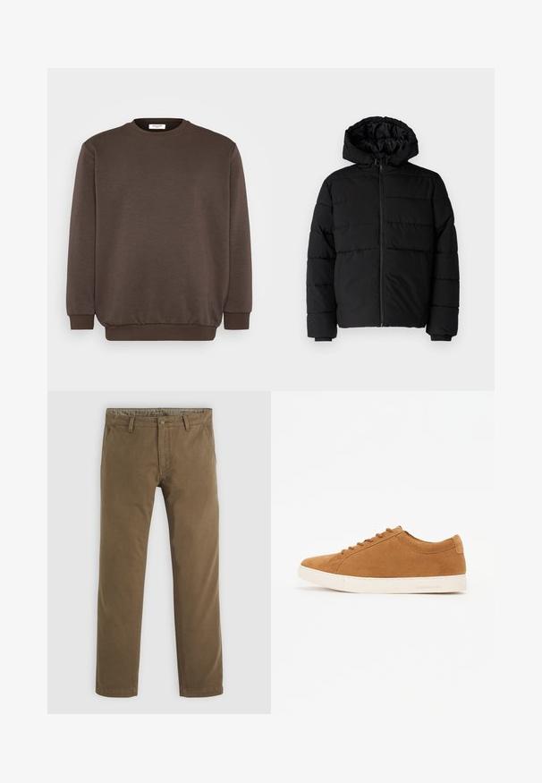 Doudoune noire avec fermeture éclair à l'avant, capuche et design matelassé horizontal. Fabriquée dans un tissu lisse et durable avec des poignets côtelés.; Jack & Jones JJEBRADLEY CREW - Sweatshirt - mulch; Pantalons en coton kaki avec une coupe droite, dotés d'une fermeture à bouton, de deux poches avant et d'une texture lisse.; Baskets en daim marron avec un design basse, semelle en caoutchouc blanche et bout rond. Présente des lacets assortis et un branding minimal au niveau du talon.