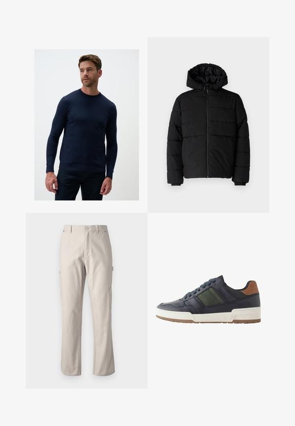 Zwarte pufferjack met een ritssluiting aan de voorkant, een capuchon en een horizontaal gestikt ontwerp. Gemaakt van een gladde, duurzame stof met ribgebreide manchetten.; Marineblauwe, lange mouw crewneck trui gemaakt van een zachte breimateriaal. Heeft ribgebreide manchetten en zoom voor een comfortabele pasvorm.; Beige cargobroek van stevig katoen met rechte pijpen, voorknopsluiting en zijzakken voor gebruiksgemak. Gladde textuur met subtiele stiksels.; Marineblauwe leren sneaker met een groene accentstreep, witte tussenzool en bruine hieltab. Heeft een ronde neus en een gestructureerde rubberen loopzool.