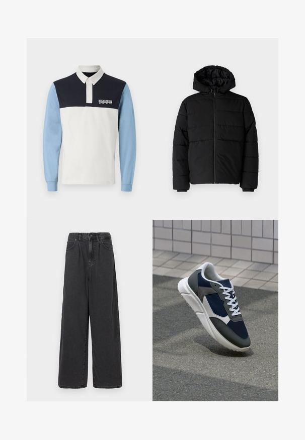 Musta puhvijakku, jossa on vetoketjukiinnitys, huppu ja vaakasuora tikkauksen rakenne. Valmistettu sileästä, kestävästä kankaasta, jossa on röpelöiset hihansuut.; Pitkiä hihoja oleva polo-paita, jossa on valkoinen vartalo, tummansininen olkavyö ja vaaleansiniset hihat. Sisältää kauluksen ja logon rinnassa.; Haalihousut, korkeavyötäröiset mustat farkut, joissa on edessä nappi- ja vetoketjukiinnitys, sivutaskut ja sileä pinta.; Kengät, joissa on tummansininen verkkopäällinen, harmaat mokka-yksityiskohdat, valkoinen kumipohja ja litteät valkoiset nauhat, suunniteltu mukavuutta ja hengittävyyttä varten.