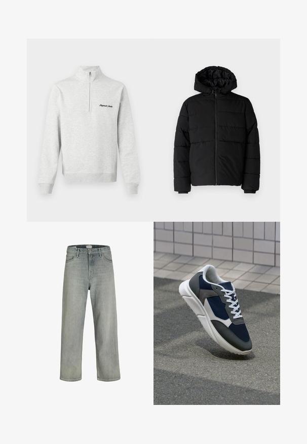 Svart puffjacka med dragkedja fram, huva och horisontellt quiltat mönster. Tillverkad av ett slätt, hållbart tyg med ribbade ärmslut.; Ljusgrå sweatshirt med halvdragkedja och "Original Studio" broderat i svart på framsidan, visad mot en vit bakgrund.; Ljust grå, löst sittande jeans av denim. Har en klassisk fem-fickorsdesign, bältesöglor och en rak benprofil.; Sko med överdel i marinblå mesh, grå mockadetaljer, vit gummisula och platta vita snören, designad för komfort och andningsförmåga.