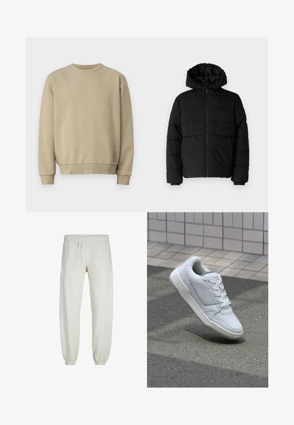 Sort pufferjakke med lynlås foran, hætte og vandret quiltet design. Lavet af et glat og holdbart stof med ribbede manchetter.; Beige sweatshirt med rund halsudskæring, ribbede manchetter og kant. Fremstillet af blødt stof med en glat tekstur og minimalistisk design.; Hvide sweatpants lavet af blødt stof, med elastisk talje og håndled, der har en glat tekstur og løs pasform.; Hvide lædersneakers med perforerede sider, teksturerede detaljer, flade snørebånd og en kontrasterende grå hæl. Har en let forhøjet sål.