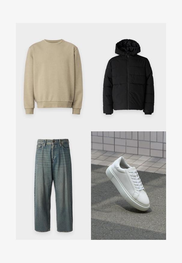Crni puffer kaput s patentnim zatvaračem sprijeda, kapuljačom i horizontalnim šavovima. Izrađen od glatkog, izdržljivog materijala s rebrastim manžetama.; Bež dukserica s okruglim izrezom, rebrastim manžetama i donjim rubom. Izrađena od mekanog materijala, s glatkom teksturom i minimalističkim dizajnom.; Svijetloplave traperice s širokim krojem, srednjim pojasom i ravnim nogavicama. Ima pet džepova, petlje za remen i kopčanje na gumb.; Bijela kožna tenisica s glatkom površinom, okruglim vrhom i ravnim bijelim vezicama. Ima teksturiran gumeni potplat i minimalne dizajnerske elemente.