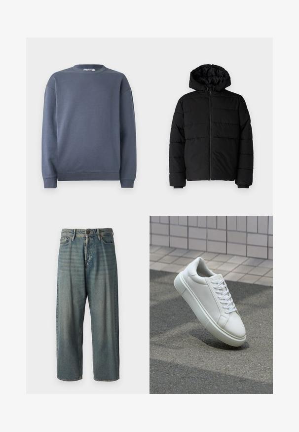 Čierna puff jacket s predným zipsom, kapucňou a horizontálnym prešívaním. Vyrobená z hladkej, odolnej tkaniny s rebrovanými manžetami.; Tmavošedá mikina s okrúhlym výstrihom, rebrovanými manžetami a lemom. Vyrobená z mäkkého bavlneného materiálu s hladkou textúrou a minimalistickým dizajnom.; Svetlomodré denimové nohavice so voľným strihom, stredne vysokým pásom a rovnými nohavicami. Obsahujú päť vreciek, pútka na opasok a zapínanie na gombík.; Biele kožené tenisky s hladkým povrchom, okrúhlym špičkou a plochými bielymi šnúrkami. Obsahuje štruktúrovanú gumovú podrážku a minimalistický dizajn.