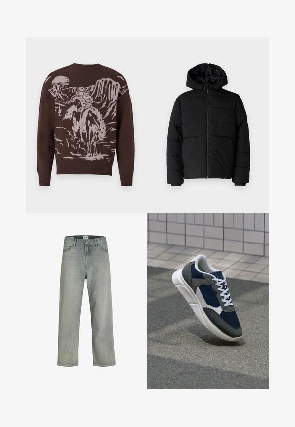 Svart boblejakke med glidelås foran, hette og horisontalt quiltet design. Laget av et glatt, slitesterkt stoff med ribbede cuffs.; Brun strikket genser med et cowboy- og heste-motiv i lys beige, med rund hals og ribbede mansjetter ved ermer og nederkant.; Lys grå, løstsittende jeans laget av denim. Har en klassisk fem-lomme-design, beltehemper og en rett ben-silhuett.; Sneakers med en navy blå mesh-overdel, grå sømværk, hvit gummisåle og flate hvite snører, designet for komfort og pusteevne.