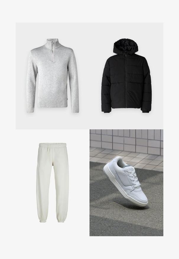 Chaqueta acolchada negra con cremallera frontal, capucha y diseño acolchado horizontal. Fabricada con un tejido suave y duradero con puños acanalados.; Jack & Jones PREMIUM JPRBLAMILANO HALF ZIP - Jersey de punto - light grey melange; Pantalones de chándal blancos hechos de una tela suave, con cinturilla y puños elásticos, que presentan una textura suave y un diseño holgado.; Zapatilla blanca de cuero con lados perforados, acentos texturizados, cordones planos y un talón gris en contraste. Presenta una suela ligeramente elevada.