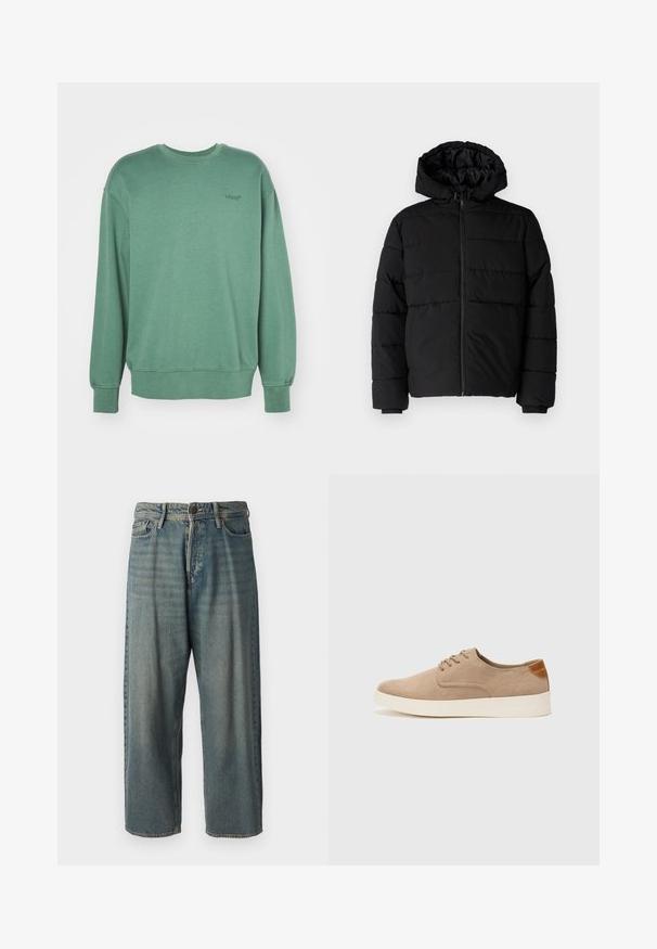 Black puffer jacket featuring a zip front, a hood, and horizontal quilted design. Made of a smooth, durable fabric with ribbed cuffs.; Green sweatshirt with long sleeves, round neckline, ribbed cuffs, and a small black logo on the chest. Soft, textured cotton material.; Light blue denim jeans with a loose fit, mid-rise waist, and straight legs. Features five pockets, belt loops, and a button closure.; Beige suede sneakers with a rounded toe, lace-up front, and a textured back accent. White rubber sole provides contrast. Simple and modern design.