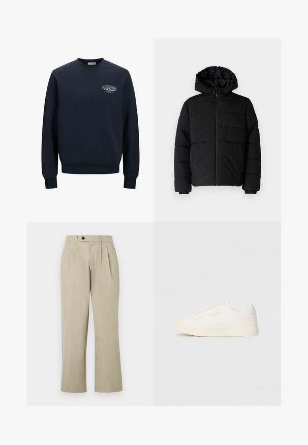 Svart boblejakke med glidelås foran, hette og horisontalt quiltet design. Laget av et glatt, slitesterkt stoff med ribbede cuffs.; Mørkeblå sweatshirt i bomullsblanding, med rund hals. Har ribbestrikkede mansjetter og nederkant, med hvit logo tekst på venstre bryst.; Beige bukser med en afslappet pasform, der har læg, knaplukning, sidelommer og lige ben. Glat stoftekstur.; Hvite slip-on joggesko med teksturert overflate, tykk såle og minimalistisk design. Har merkevarelogo på siden.