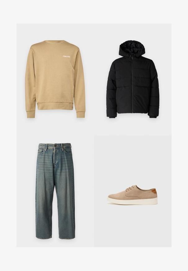 Črna puhovka z zadrgo spredaj, kapuco in vodoravno šivano obliko. Narejena je iz gladkega, trpežnega materiala z rebrastimi manšetami.; Bež pulover z ribanim ovratnikom in manšetami, ki na levem prsnem predelu vsebuje subtilno besedilo "Club1990" v beli barvi. Gladka tekstura.; Svetlomoderne kavbojke z ohlapnim krojem, srednjim pasom in ravnimi nogami. Imajo pet žepov, zanke za pas in zapiranje na gumb.; Bež tkanine usnjene superge z zaobljenim nosom, vezalkami na sprednji strani in teksturiranim zadnjim detajlom. Belo gumijasto podplato zagotavlja kontrast. Enostaven in sodoben dizajn.