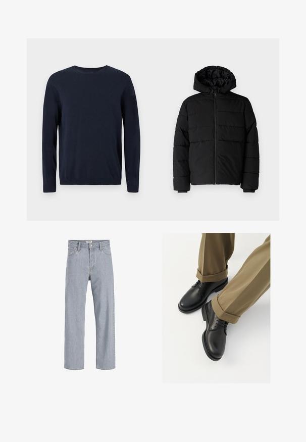 Black puffer jacket featuring a zip front, a hood, and horizontal quilted design. Made of a smooth, durable fabric with ribbed cuffs.; Navy blue knitted sweater with long sleeves, crew neckline, and ribbed cuffs and hem. Features a small logo on the chest.; Light blue denim jeans with a relaxed fit, straight leg design, visible stitching, two front pockets, and a button closure.; Black leather dress shoes with a smooth finish, featuring laces and a rounded toe, paired with rolled-up khaki trousers.