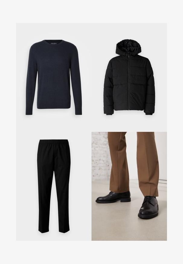 Czarna kurtka puchowa z zamkiem z przodu, kapturem i poziomym pikowaniem. Wykonana z gładkiego, trwałego materiału z prążkowanymi mankietami.; Granatowy sweter z okrągłym dekoltem, wykonany z miękkiej dzianiny, z długimi rękawami i dyskretnym logo na klatce piersiowej, z prążkowanymi mankietami i dolnym brzegiem.; Czarne spodnie z elastycznym paskiem, o prostym kroju nogawki. Materiał wydaje się gładki o matowej teksturze, bez widocznych wzorów.; Czarne skórzane buty z gładką powierzchnią i okrągłym czubkiem, z sznurowanym zapięciem i niską, płaską podeszwą. W połączeniu z brązowymi spodniami.