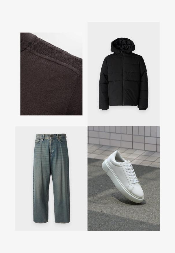 Melna pūkainā jaka ar rāvējslēdzēju priekšā, kapuci un horizontālu quiltēšanas dizainu. Izgatavota no gludas, izturīgas auduma ar ribotām piedurknēm.; Selected Homme SLHBERG HALF ZIP - Džemperis - chocolate torte; Gaiši zili džinsi ar brīvu piegriezumu, vidējo jostas augstumu un taisnām kājām. Satur piecas kabatas, jostas cilpas un pogu aizdari.; Baltas ādas sporta apavi ar gludu virsmu, apaļu pirkstu un plakanām baltām šņorēm. Iezīmējas ar strukturētu gumijas zoli un minimālisma dizaina elementiem.