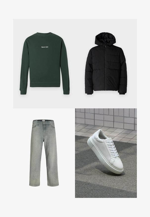 Svart boblejakke med glidelås foran, hette og horisontalt quiltet design. Laget av et glatt, slitesterkt stoff med ribbede cuffs.; Grønn hettegenser med lange ermer, ribbestrikkede mansjetter og nederkant, rund hals, med hvit brodert tekst på brystet. Mykt bomullsblandingsmateriale.; Lys grå, løstsittende jeans laget av denim. Har en klassisk fem-lomme-design, beltehemper og en rett ben-silhuett.; Hvit lær sneaker med glatt overflate, rund tå og flate hvite snøringer. Har en teksturert gummisåle og minimale design elementer.