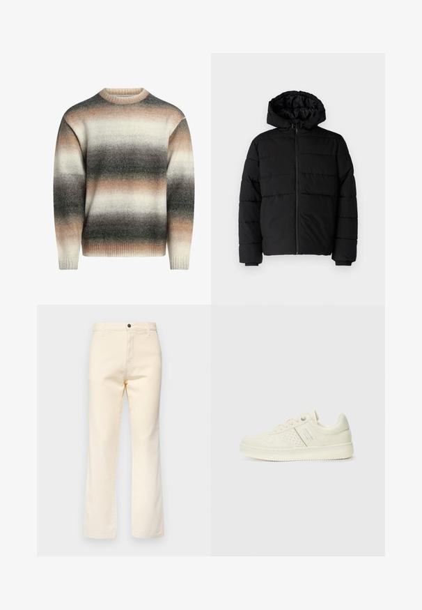 Chaqueta acolchada negra con cremallera frontal, capucha y diseño acolchado horizontal. Fabricada con un tejido suave y duradero con puños acanalados.; Suéter de punto con cuello redondo, puños acanalados y un patrón degradado en tonos crema, beige y gris. Textura suave y corte relajado.; Jeans de algodón color crema con un diseño de pierna recta, que cuentan con un cierre frontal de botón y un estilo de cinco bolsillos estándar.; Zapatilla color crema con detalles perforados, cordones y logotipo en el lateral, exhibida sobre un fondo blanco liso.