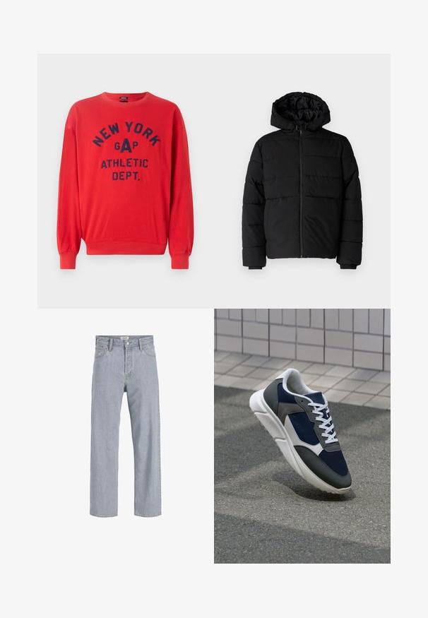 Giacca a vento nera con zip frontale, cappuccio e design a righe orizzontali. Realizzata in un tessuto liscio e resistente con polsini a coste.; Felpa rossa realizzata in misto cotone; presenta un collo tondo, maniche lunghe e una stampa blu navy con la scritta "NEW YORK GAP ATHLETIC DEPT."; Jeans in denim azzurro chiaro con vestibilità rilassata, design a gamba dritta, cuciture visibili, due tasche frontali e chiusura con bottone.; Sneaker con tomaia in rete blu navy, inserti in suede grigio, suola in gomma bianca e lacci bianchi piatti, progettata per comfort e traspirabilità.