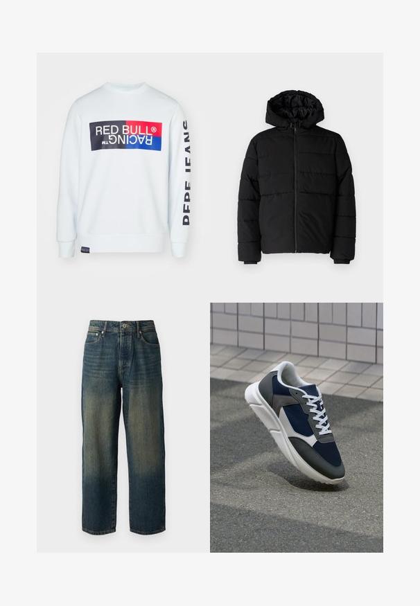 Juodas pūkinis švarkas su užtrauktuku priekyje, gaubtu ir horizontaliai siuvinėtu dizainu. Pagamintas iš lygaus, tvirto audinio su raukiniais ant rankovių.; Balta sportinė maikutė su apvaliu kaklu, su dideliu daugiaspalviu „Red Bull Racing“ logotipu priekyje ir tekstu „FANS“ ant rankovės.; Mėlyni džinsai su tiesiu kirpimu, turintys išblukusį dizainą su šviesesnėmis atspalviais link apvado, penkios kišenės ir mygtukų uždarymas.; Sportiniai bateliai su tamsiai mėlynu tinkliniu viršumi, pilkais zomšiniais akcentais, balta guma padanga ir plokščiomis baltomis raištelėmis, sukurti komfortui ir oro pralaidumui.