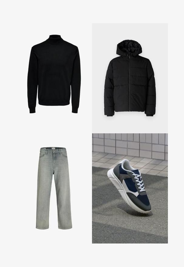 Black puffer jacket featuring a zip front, a hood, and horizontal quilted design. Made of a smooth, durable fabric with ribbed cuffs.; Black turtleneck sweater, made of soft fabric, features long sleeves, ribbed cuffs and hem, with a fitted neck design and smooth texture.; Light gray, loose-fitting jeans made of denim. Features a classic five-pocket design, belt loops, and a straight leg silhouette.; Sneaker featuring a navy blue mesh upper, gray suede accents, white rubber sole, and flat white laces, designed for comfort and breathability.