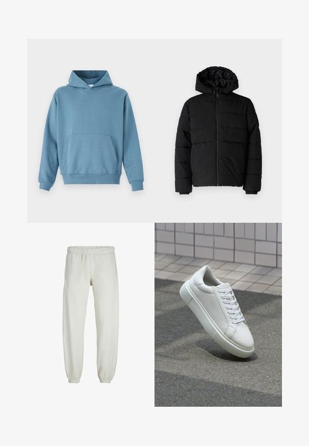 Schwarze Daunenjacke mit Reißverschluss vorne, Kapuze und horizontalem Steppmuster. Hergestellt aus einem glatten, strapazierfähigen Stoff mit gerippten Manschetten.; Blauer Baumwoll-Hoodie mit einer Fronttasche, langen Ärmeln und einer Kapuze mit Kordelzug. Glatte Textur und gerippte Bündchen an Saum und Ärmeln.; Weiße Jogginghose aus weichem Stoff, mit elastischem Bund und Säumen, einer glatten Textur und lockerem Schnitt.; Weiße Leder-Sneaker mit glatter Oberfläche, runder Zehenpartie und flachen weißen Schnürsenkeln. Verfügt über eine strukturierte Gummisohle und minimalistische Designelemente.