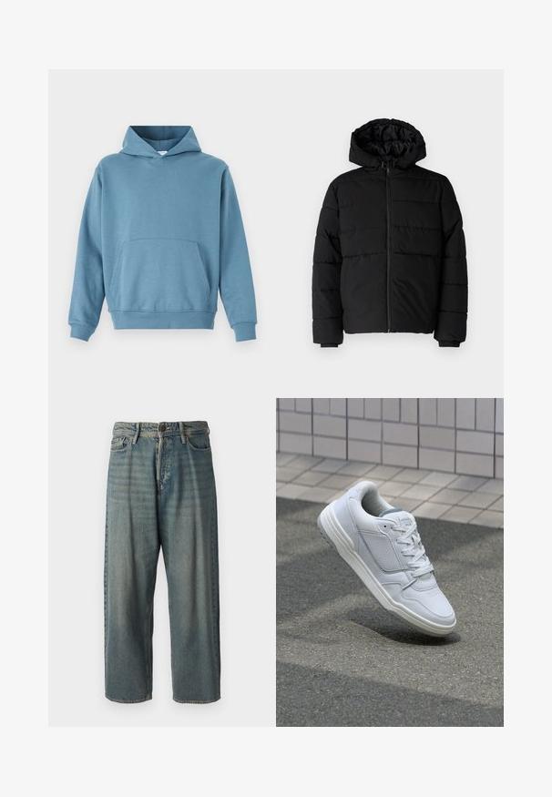 Czarna kurtka puchowa z zamkiem z przodu, kapturem i poziomym pikowaniem. Wykonana z gładkiego, trwałego materiału z prążkowanymi mankietami.; Niebiście niebieska bawełniana bluza z kapturem z kieszenią z przodu, długimi rękawami i regulowanym kapturem. Gładka struktura oraz ściągacze na krawędzi i rękawach.; Jasnoniebieskie dżinsy o luźnym kroju, średnim stanie i prostych nogawkach. Posiadają pięć kieszeni, szlufki na pasek oraz zapięcie na guzik.; Białe skórzane trampki z perforowanymi bokami, teksturowanymi akcentami, płaskimi sznurowadłami i kontrastującym szarym obcasem. Posiadają lekko podniesioną podeszwę.