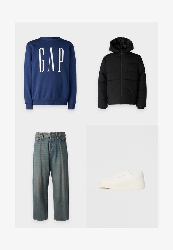 Černá péřová bunda s předním zipem, kapucí a vodorovným prošíváním. Vyrobena z hladké a odolné látky s žebrovanými manžetami.; GAP Mikina - blue shade; Světle modré denimové džíny s volným střihem, středně vysokým pasem a rovnými nohavicemi. Obsahují pět kapes, poutka na opasek a zapínání na knoflík.; Bílé slip-on tenisky s texturovaným povrchem, silnou podešví a minimalistickým designem. Na boku je umístěno logo značky.